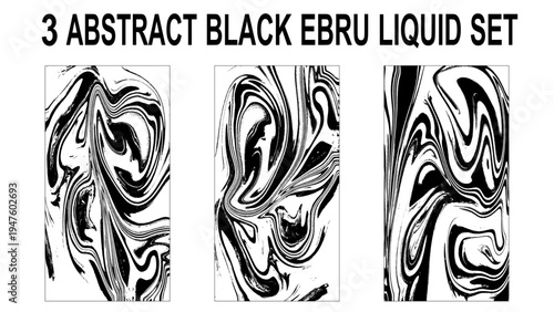 Black and white. Hand drawn marble illustrations, ebru aqua paper and silk prints. Ebru bundle