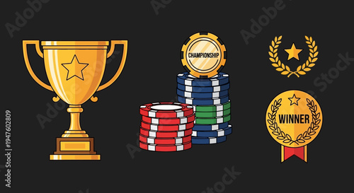Gambling and Casino Success Symbols: Trophy, Poker Chips, Winner Medal, and Laurel Wreath