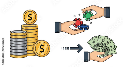 Gambling Money Exchange Concept with Poker Chips, Cash and Coins