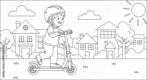 Child Riding a Scooter Outdoors Freely.