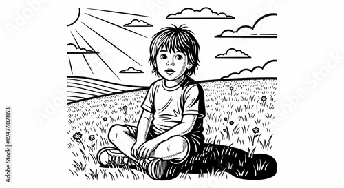 Little boy sitting on grass field.