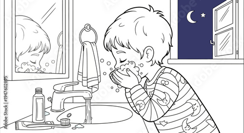 Little boy washing face in bathroom.