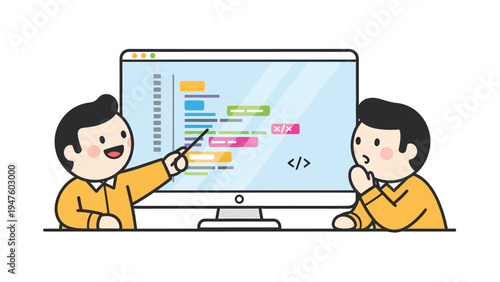Two cartoon characters learning and teaching programming code on a computer monitor. Software development education and tech training.