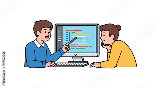 Programming Education & Mentorship: Two people learning coding on computer, software development training illustration.