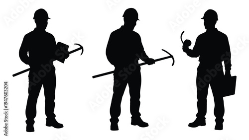 Silhouettes of three construction workers with tools