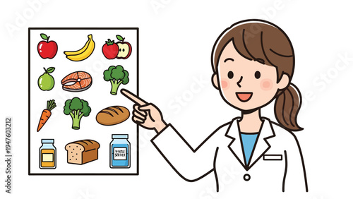 Female nutritionist points to a healthy food chart, promoting balanced diet and wellness education