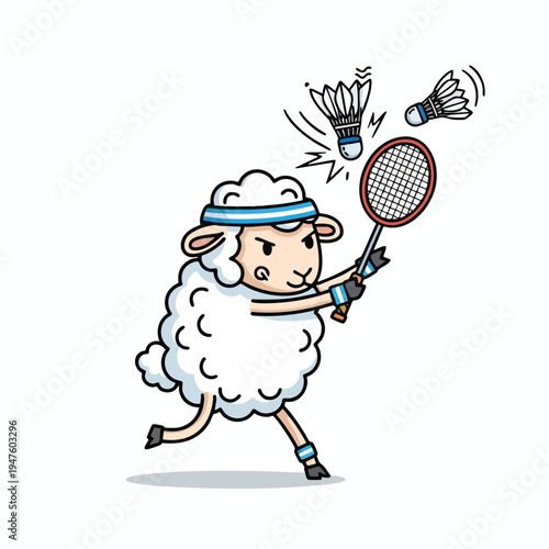 Cartoon sheep playing badminton with shuttlecocks
