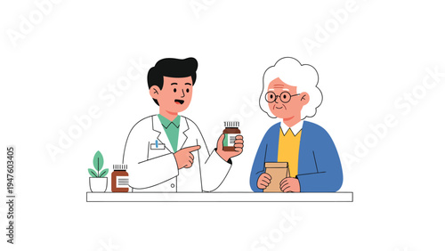 Pharmacist or doctor explaining prescription medicine to senior woman. Healthcare consultation for elderly patient