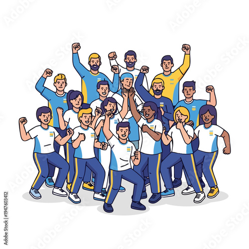 Diverse group of people in matching blue and yellow athletic wear celebrating triumph
