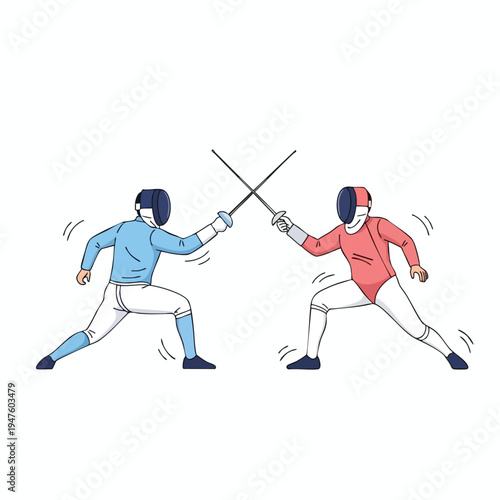 Two fencers with crossed foils, one in blue, the other in red, in a duel