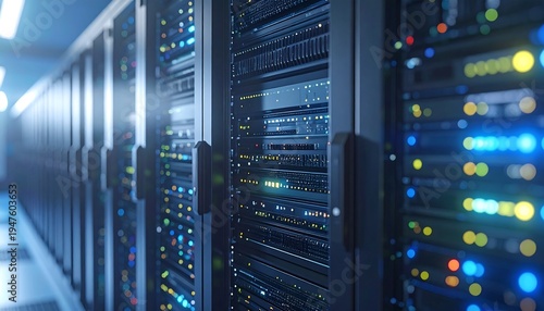 A long row of computer servers in a data center