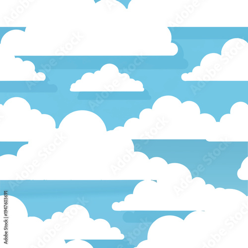 Blue sky with flat, cartoonish white clouds and shadows