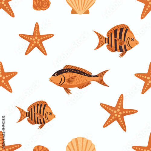 Seamless pattern of orange starfish, fish and shells on a white background