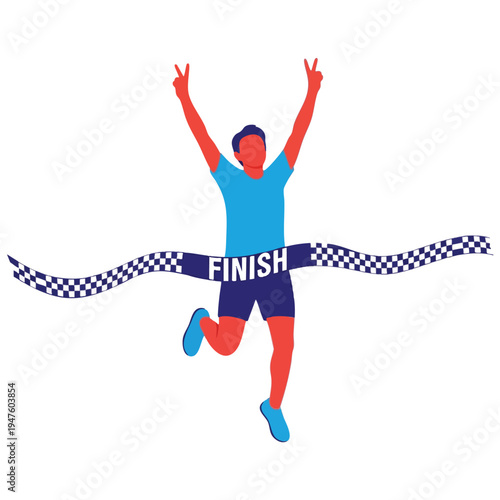 A runner crosses the finish line with arms raised in victory, a checkered tape breaks