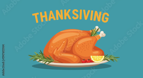 A roasted turkey on a plate with herbs and lemon slices on Thanksgiving