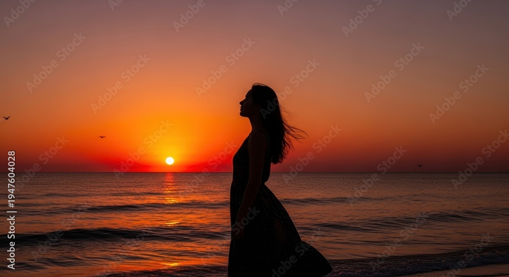 Fototapeta premium Silhouette of a woman enjoying the sunset on the beach.