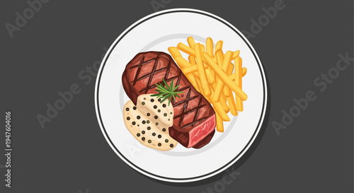 A plate of grilled steak, rice, and fries on a table indoors closeup