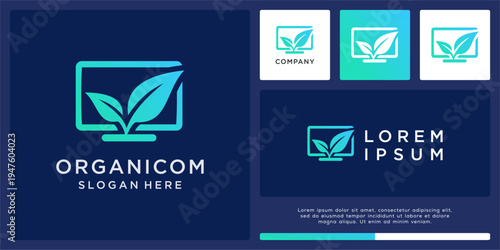 Organic computer logo design with leaf and screen