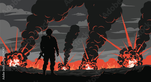 A lone soldier stands amidst fiery explosions and billowing smoke a dramatic wartime silhouette high quality