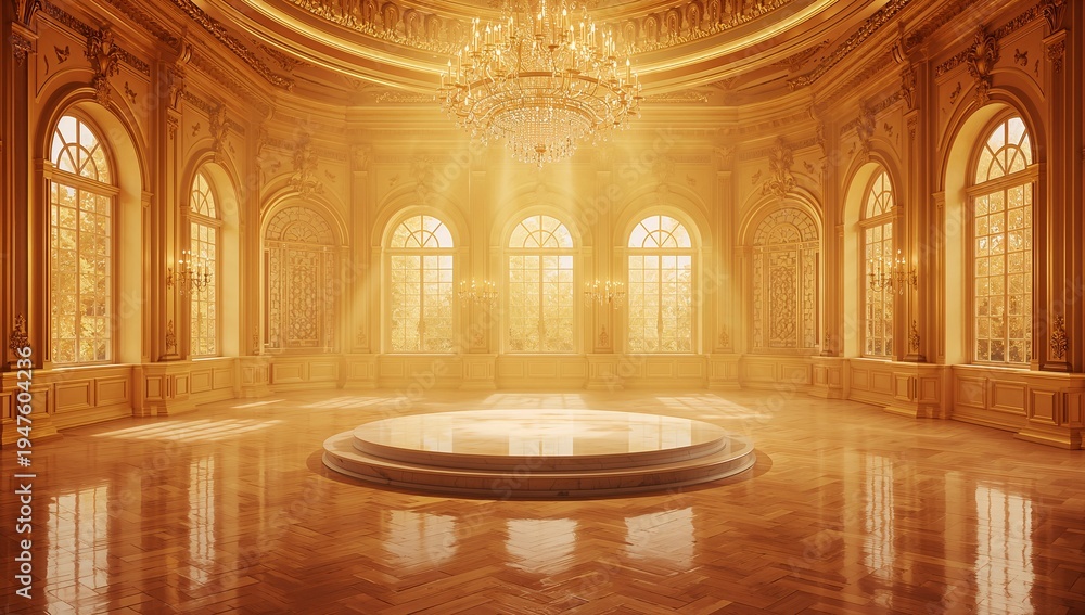 Obraz premium Elegant grand hall with ornate chandelier and warm sunlight rays