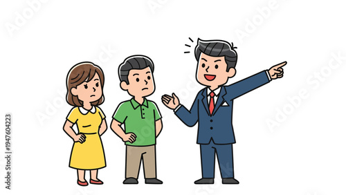 Confident businessman explaining or negotiating with a concerned couple, vector illustration