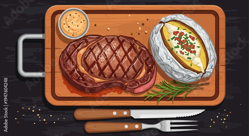 Grilled steak and baked potato on wooden tray with utensils indoors