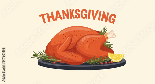 A roasted turkey with herbs and lemon on a platter served for Thanksgiving dinner