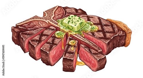 A grilled steak cut into slices with melted butter on top on a plate indoors