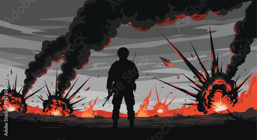 A lone soldier stands amidst fiery explosions and destruction a powerful war scene silhouette high quality