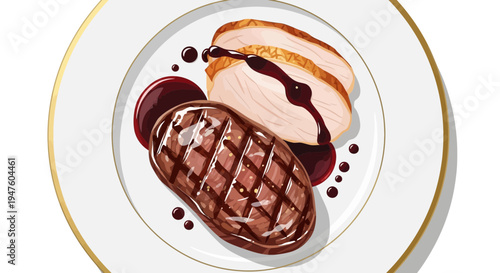 A plate of grilled steak and cake sits on a white plate with sauce