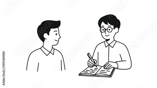 Two people engaged in discussion, one taking notes. Minimalist line art illustration.