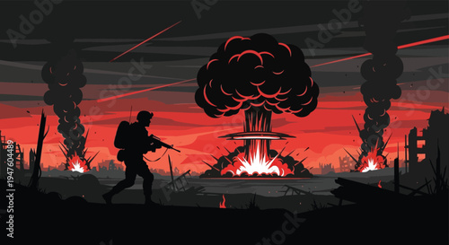 A lone soldier runs from a massive explosion and fiery destruction in a dramatic silhouette