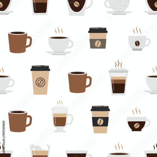 A repeating pattern of various coffee cups and drinks on a white background