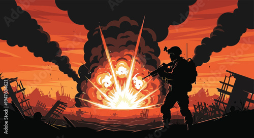 A lone soldier aims his rifle amidst an explosive fiery landscape presented as a silhouette