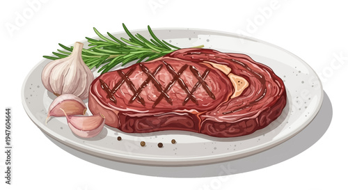Grilled steak on a plate with rosemary, garlic, and spices.