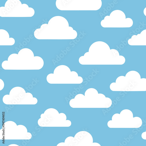 A whimsical pattern of fluffy white clouds scattered across a clear blue sky