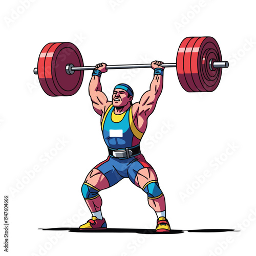 Muscular man in athletic gear lifts heavy barbell overhead, straining