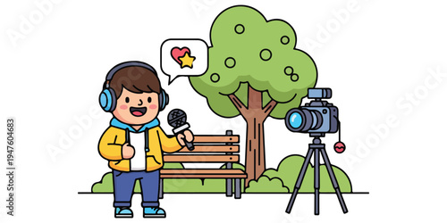 Journalist reporting live from a park with a camera and microphone, sharing news