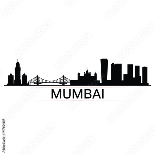 Mumbai skyline silhouette with prominent landmarks and the city s name