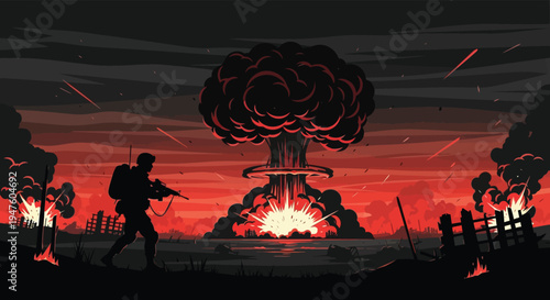 A lone survivor walks towards a massive fiery explosion in a desolate landscape silhouette high quality