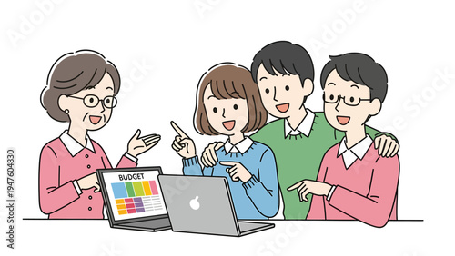 Multi-generational family discusses budget and financial planning with an advisor using laptops. Financial literacy illustration.