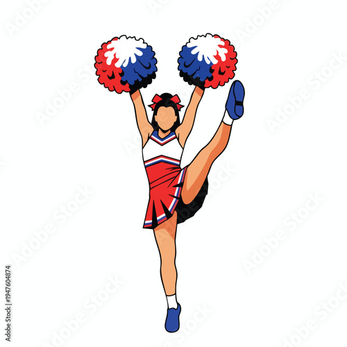 A cheerleader in a red, white, and blue uniform splits and holds pom-poms