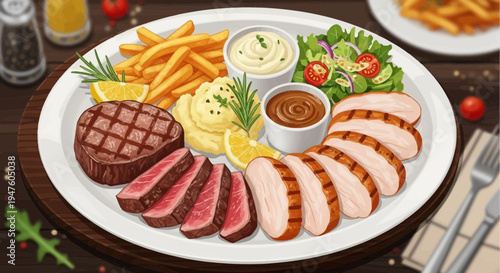 A delicious meal consisting of steak, sliced meat, fries, and salad, served on a white plate with various sauces.