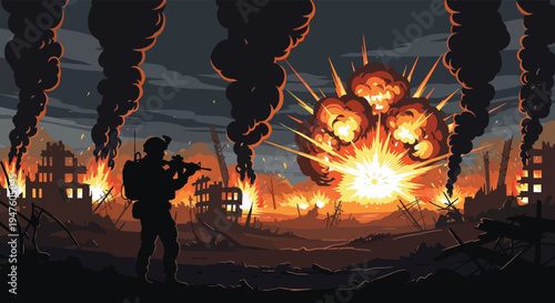 A lone soldier stands amidst a war torn landscape with intense explosions a dramatic silhouette high quality