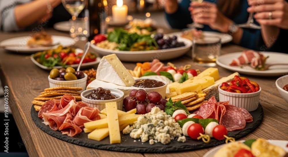 Fototapeta premium Elegant Cheese Platter with Assorted Meats and Fresh Ingredients on a Wooden Table