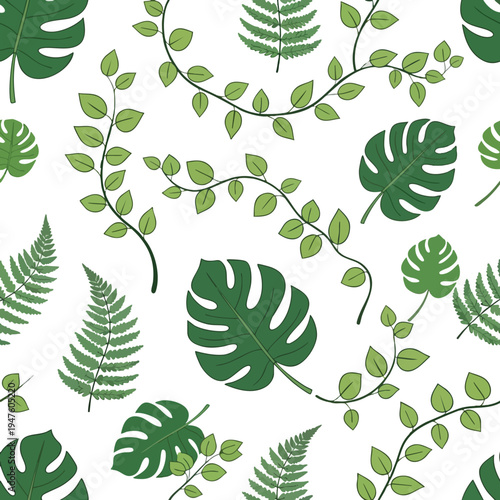 A seamless pattern of green monstera leaves and fern fronds on white