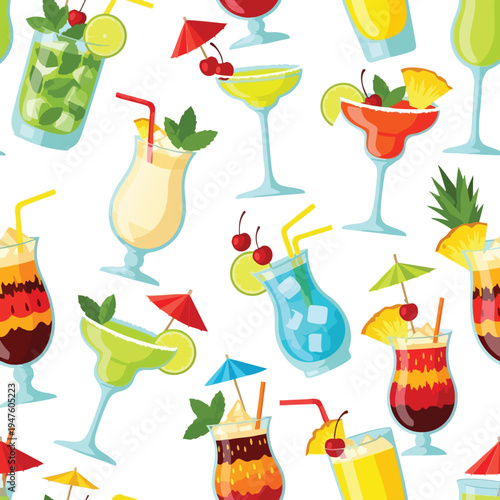 A vibrant seamless pattern of diverse, colorful cocktails on a white background