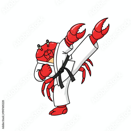 Red cartoon crab in white karate gi with black belt kicks high