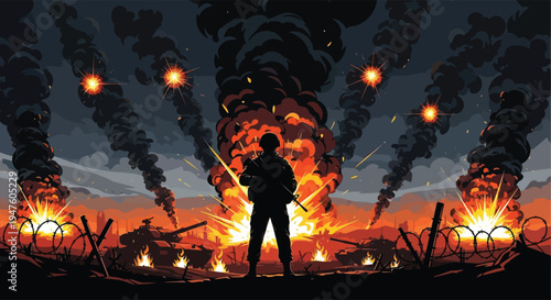 A lone soldier stands amidst a fiery battlefield with explosions and wreckage silhouette high quality professional