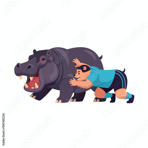 A wrestler in blue shorts and shirt tackles a large, open-mouthed hippopotamus
